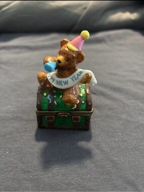 New Year Bear Trinket Box - Green Chest with Party Bear